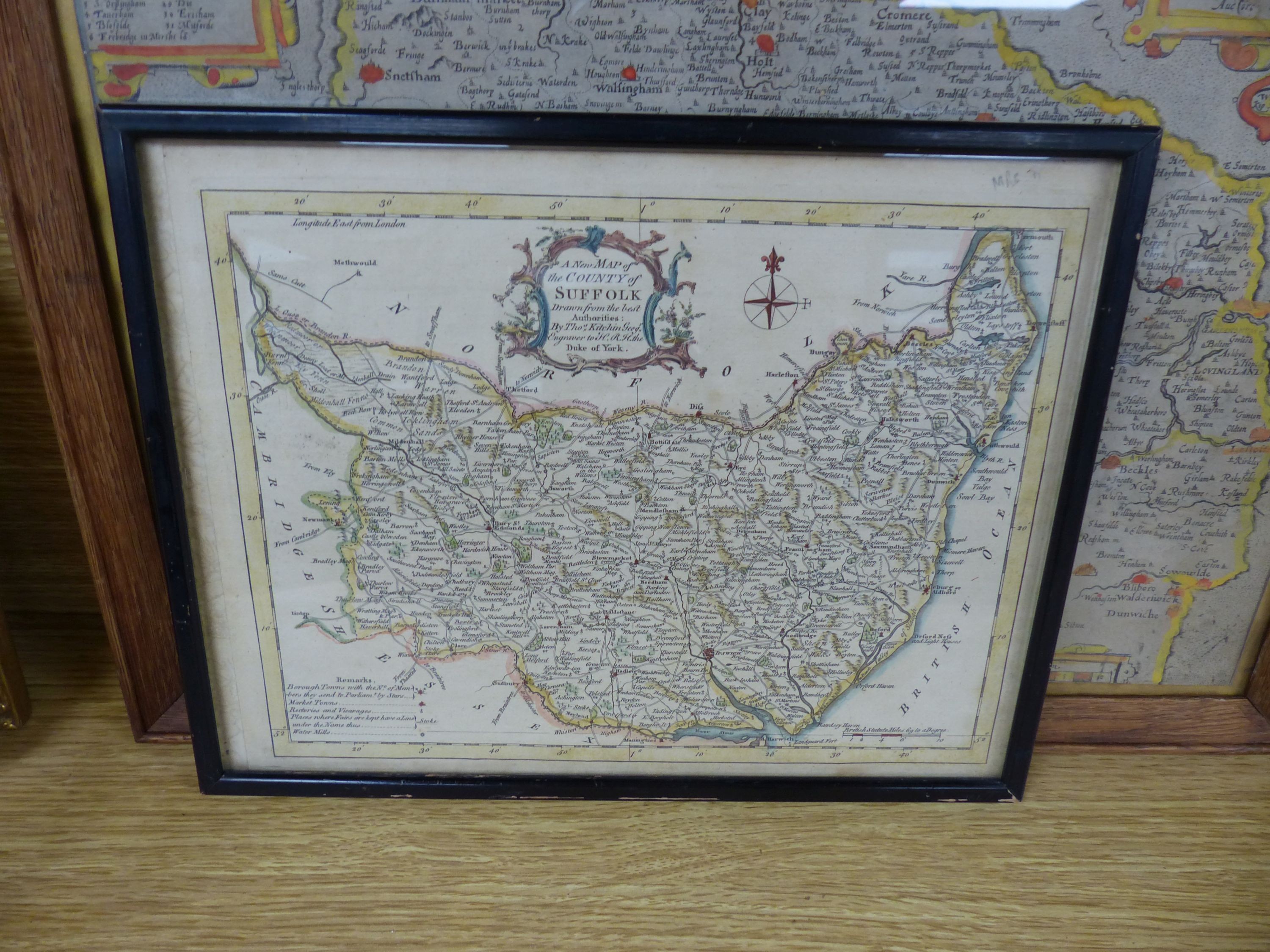 Christopher Saxton (1550-1610), coloured engraving, Map of Norfolciae comitatus quem oli, 28 x 39cm and three other maps